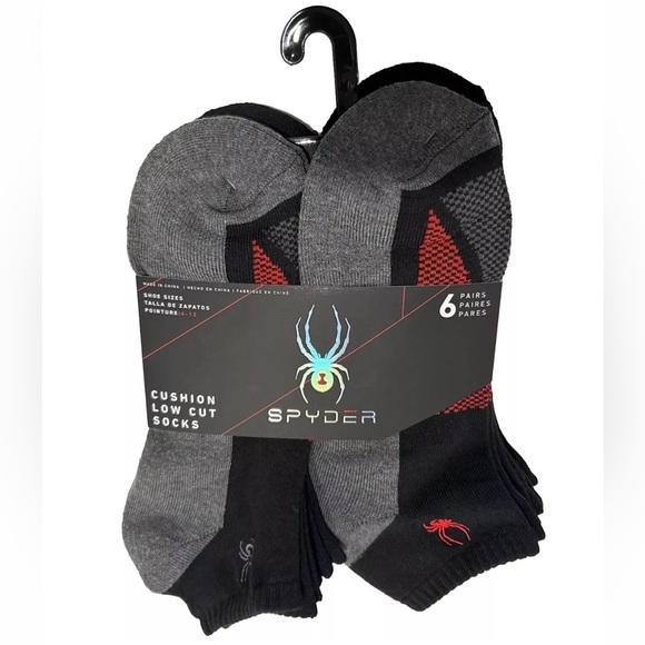 Spyder Low Cut Socks 6 Pair Men 6-12 Black Gray Red w Mixed Logo Cushion Ski NEW - Picture 1 of 12
